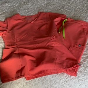 Figs coral scrub set. Rare peplum top size S; Yola skinny pants size XS